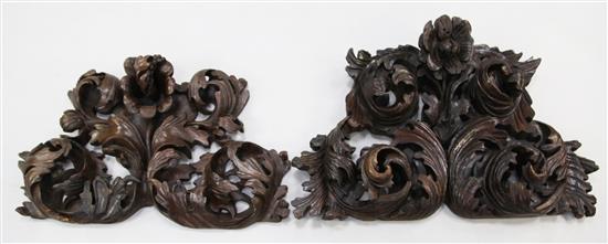 Two 17th / 18th century Portuguese baroque carved chestnut crestings, largest 40 x 24in.